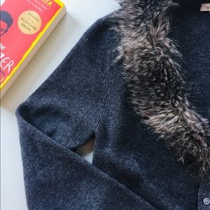 Garnet Hill gray heathered cardigan, removable fur
